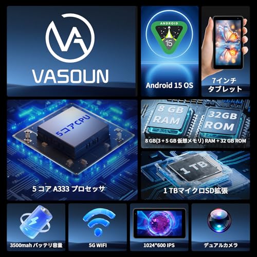 初登場 Android 15 タブレット 7インチ、タブレットアンドロイド 32GB ROM、IPSスクリーン、 電子書籍 漫画 ネット閲覧 動画視聴 データ閲覧、Type-C対応、超軽量、GPS未対応 ブラック